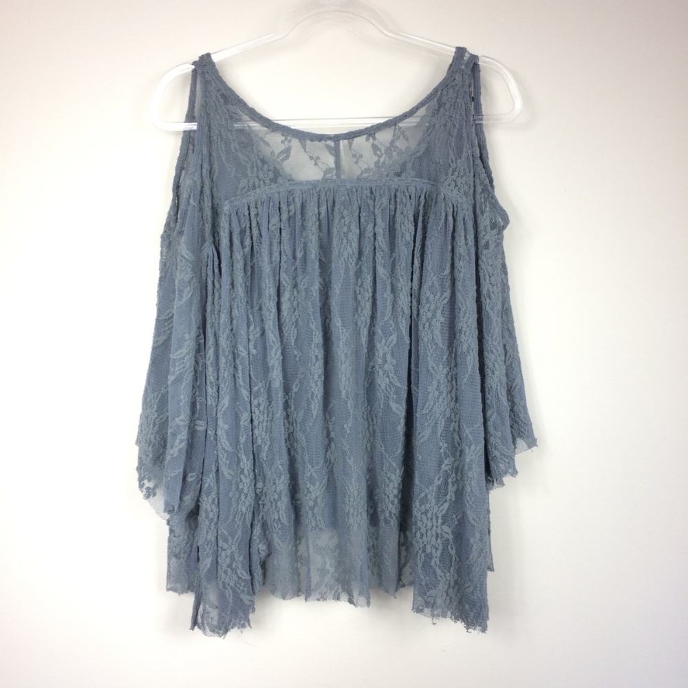 Free People Dusty Blue Lace Cold Shoulder Top - Picture 2 of 5